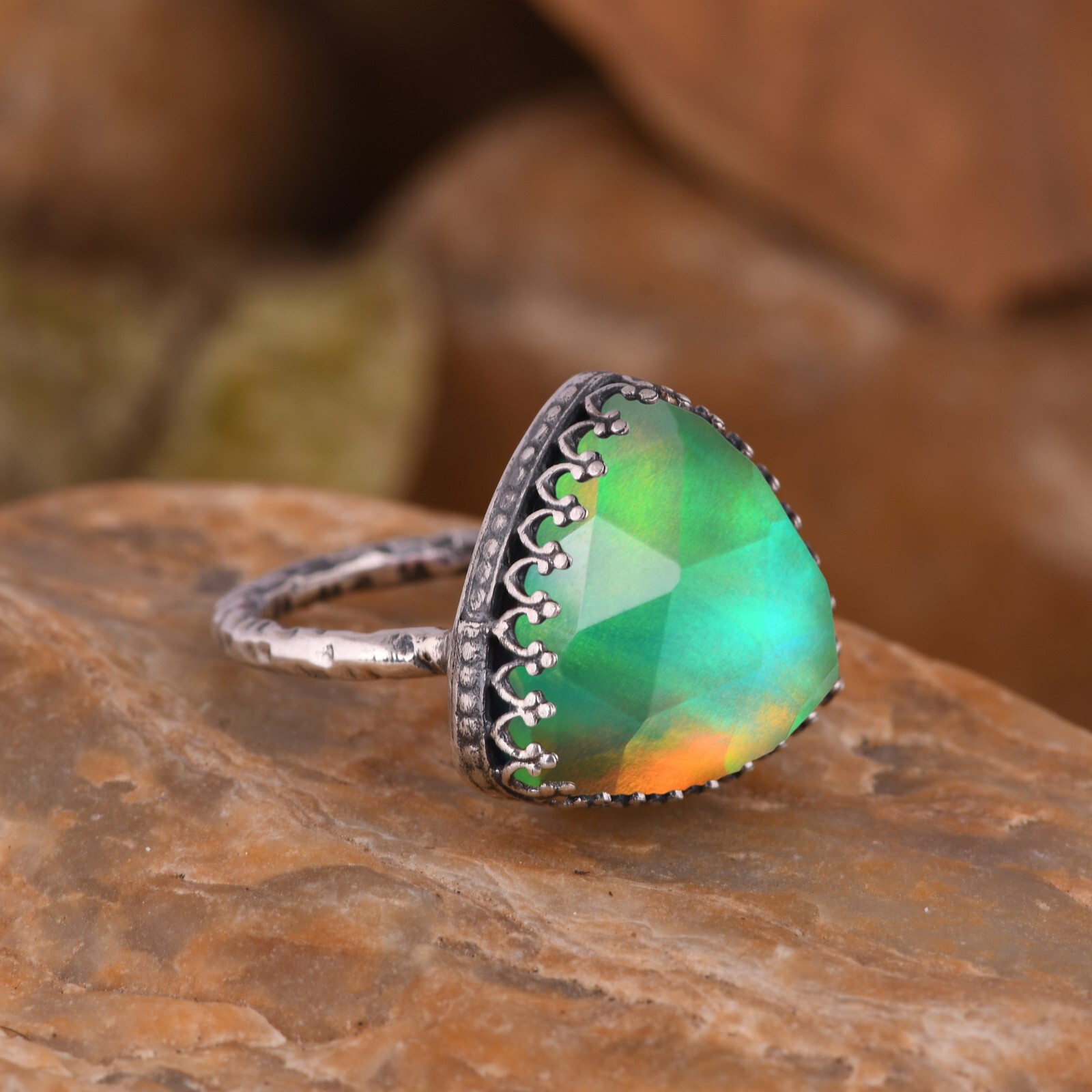 Trillion Aurora Opal Chunky Ring in Sterling Silver For Every Occasion Gift Her