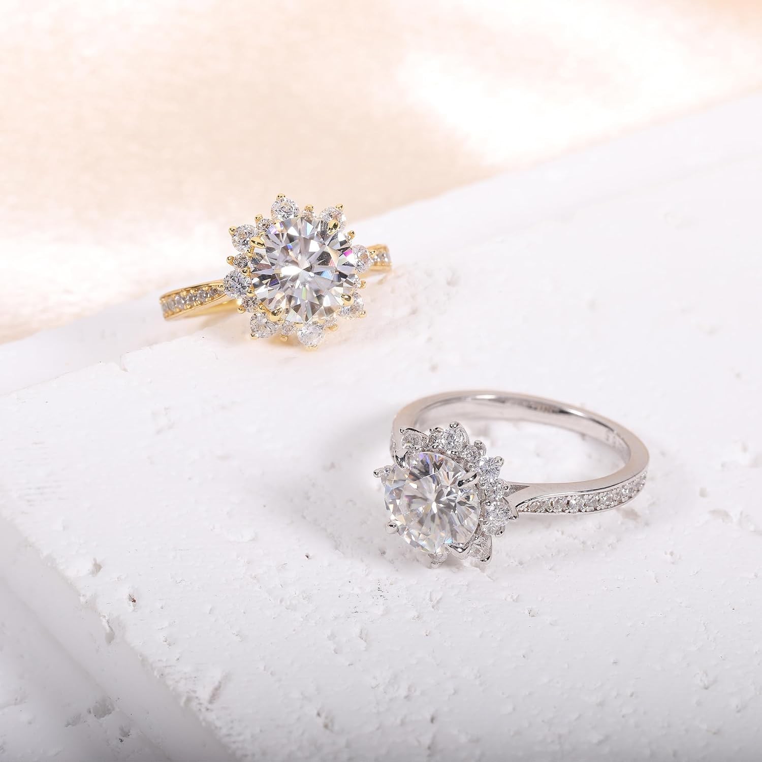 0.5-3CT Flower Halo D VVS1 Moissanite Ring 925 Silver 18K White Gold Plated