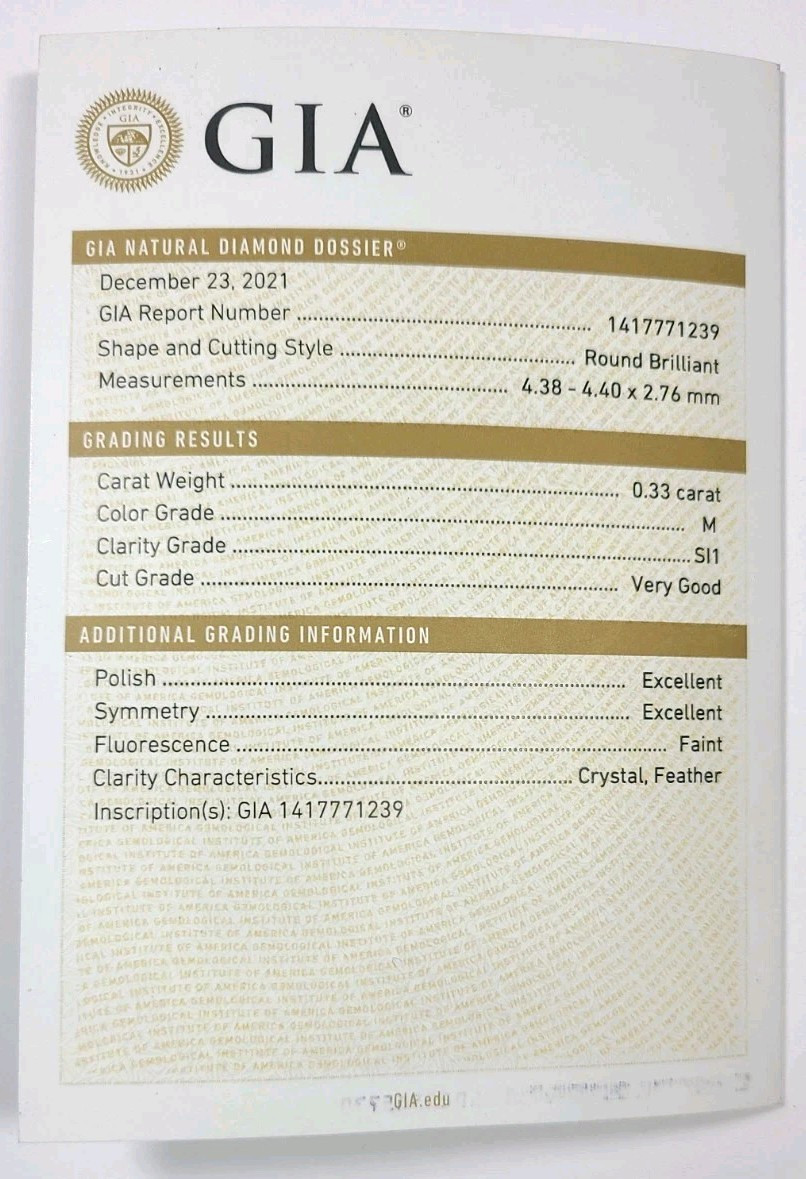GIA Graded .33 Carat Loose Diamond M Color SI1 Very Good Cut
