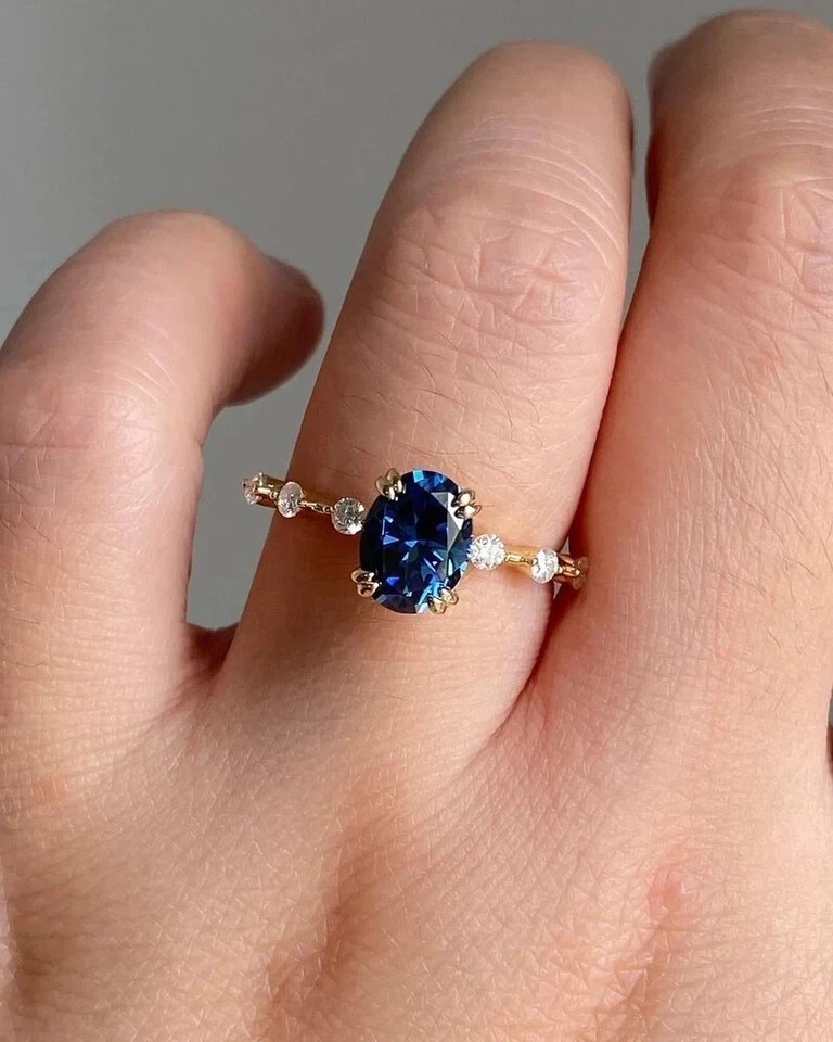 2Ct Oval Cut Simulated Sapphire Women’s Promise Ring In 14K Yellow Gold Plated