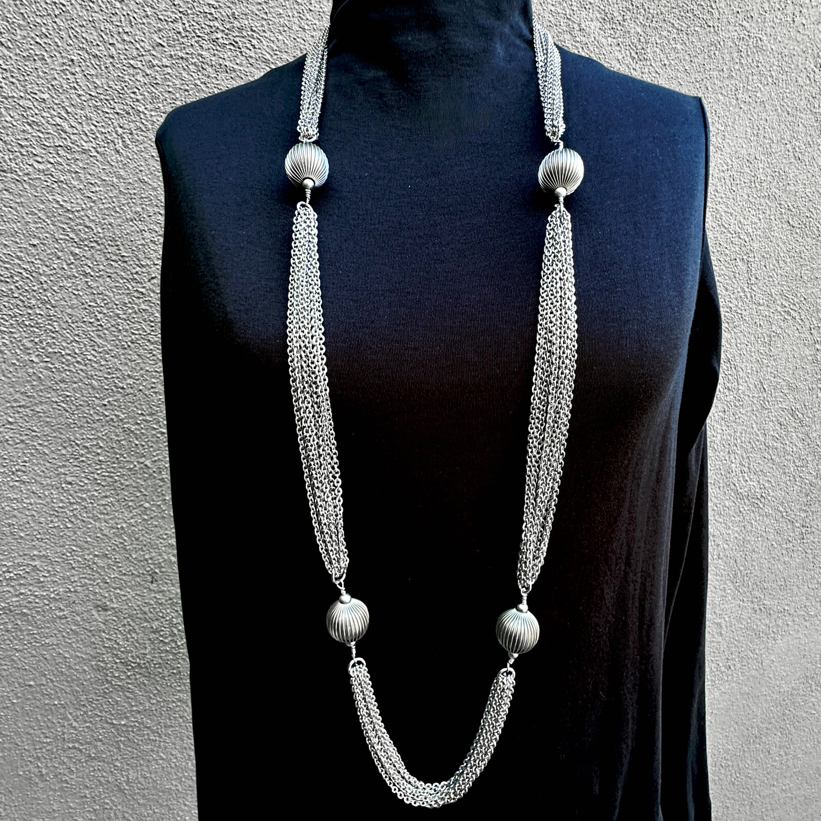 Extravagant 48″ Multi-Chain Necklace w Five Big Fluted Ball Stations, by Tuleste