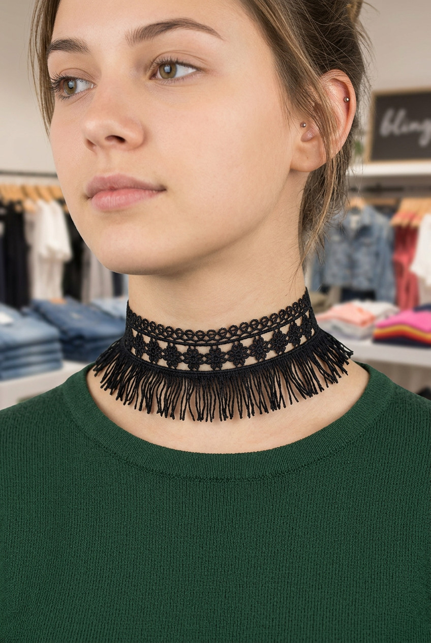 Women Young Fashion Choker Necklace Tassel Wide Black Lace Fabric Flower Fringes