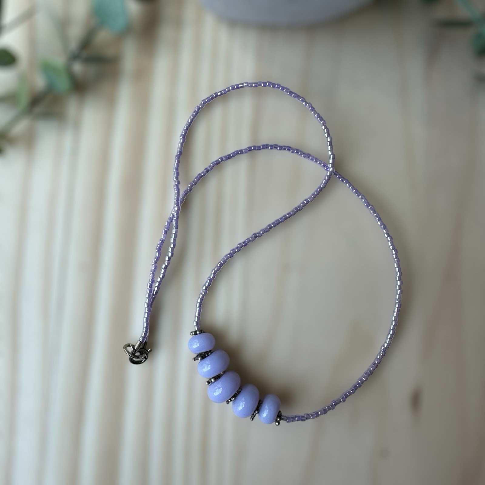 Vintage Necklace 15 Inch Lavender Glass Beads 925 Sterling Silver Clasp Spacers
