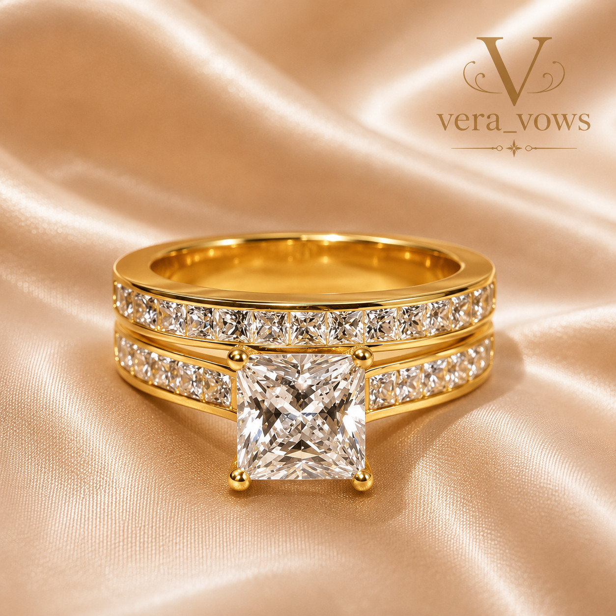 Engagement Ring 2 Ct Moissanite Princess Bridal Band 14k Yellow Gold Plated Set