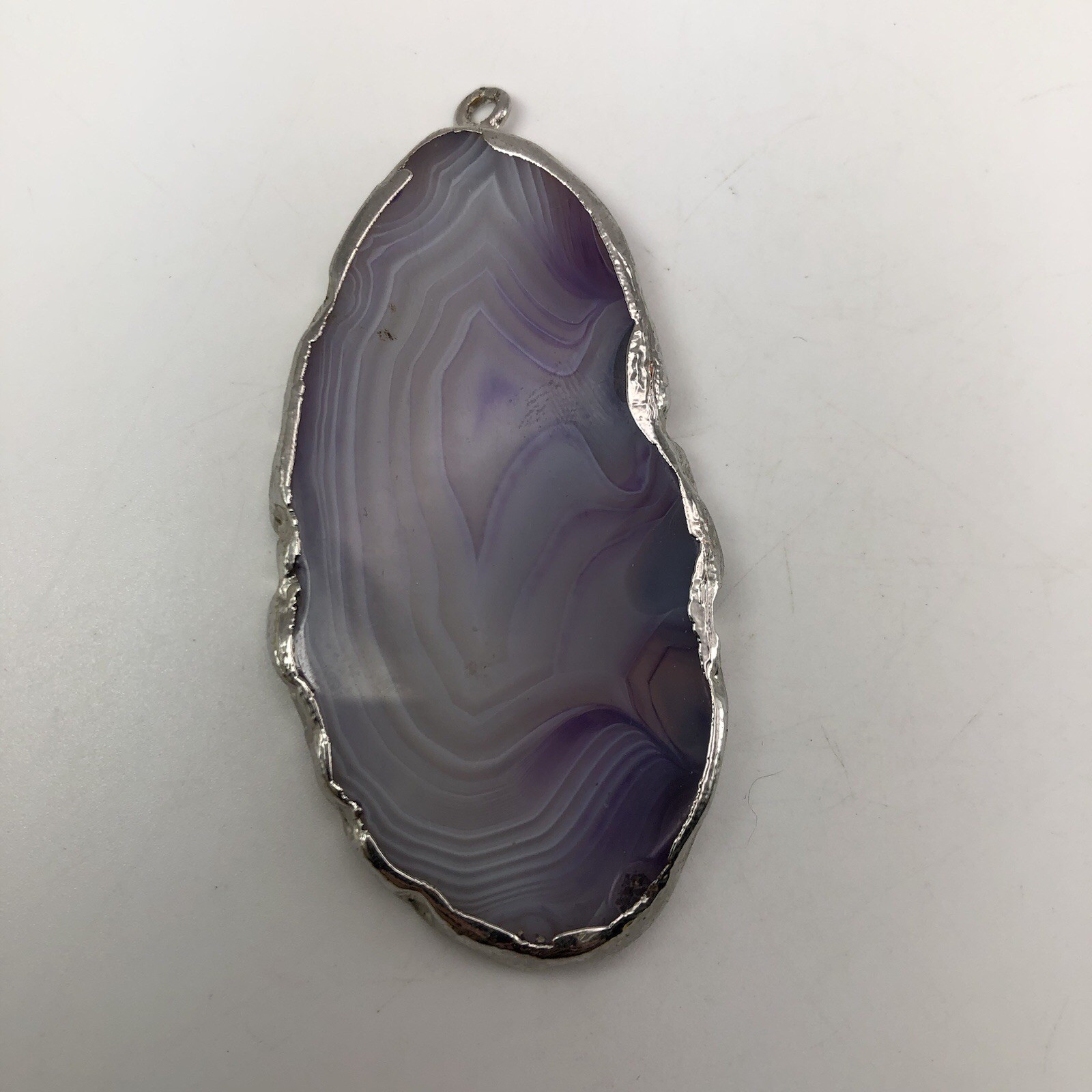 Purple Banded Agate Slice Pendant With Silver Tone Edge