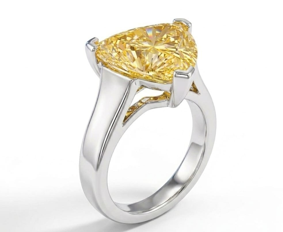 RARE 4.30 Ct Certified Trillion Yellow Natural Diamond Ring White Gold Finish