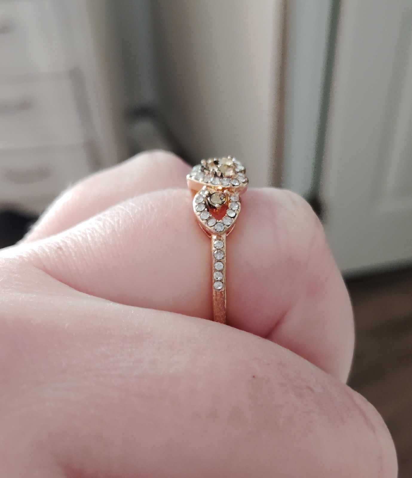 18k Rose Gold Over Sterling Silver Cognac + White Gemstone Heart Love Ring sz 9