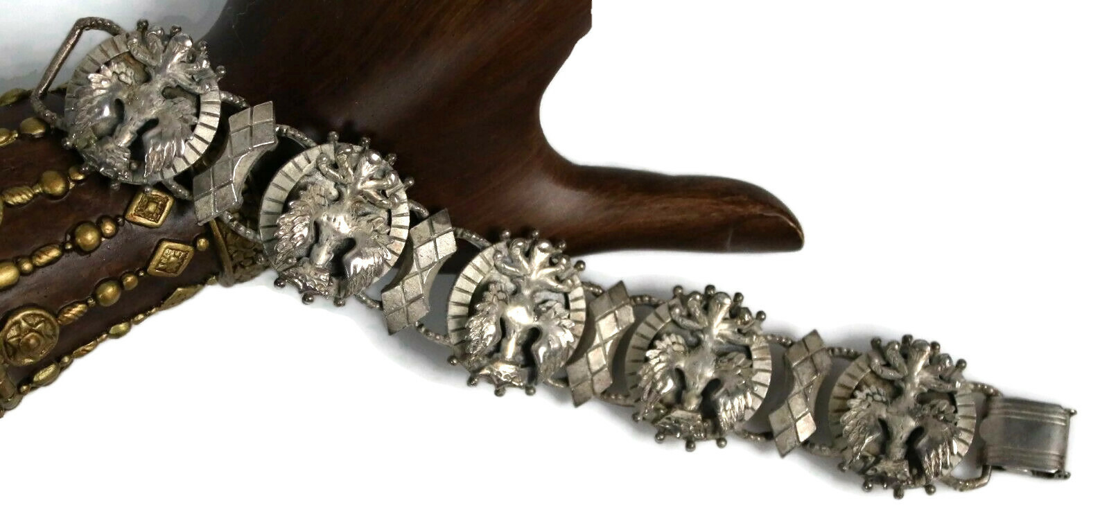 Vintage Lisner Heraldic Crown Eagle Silver Tone Panel Bracelet