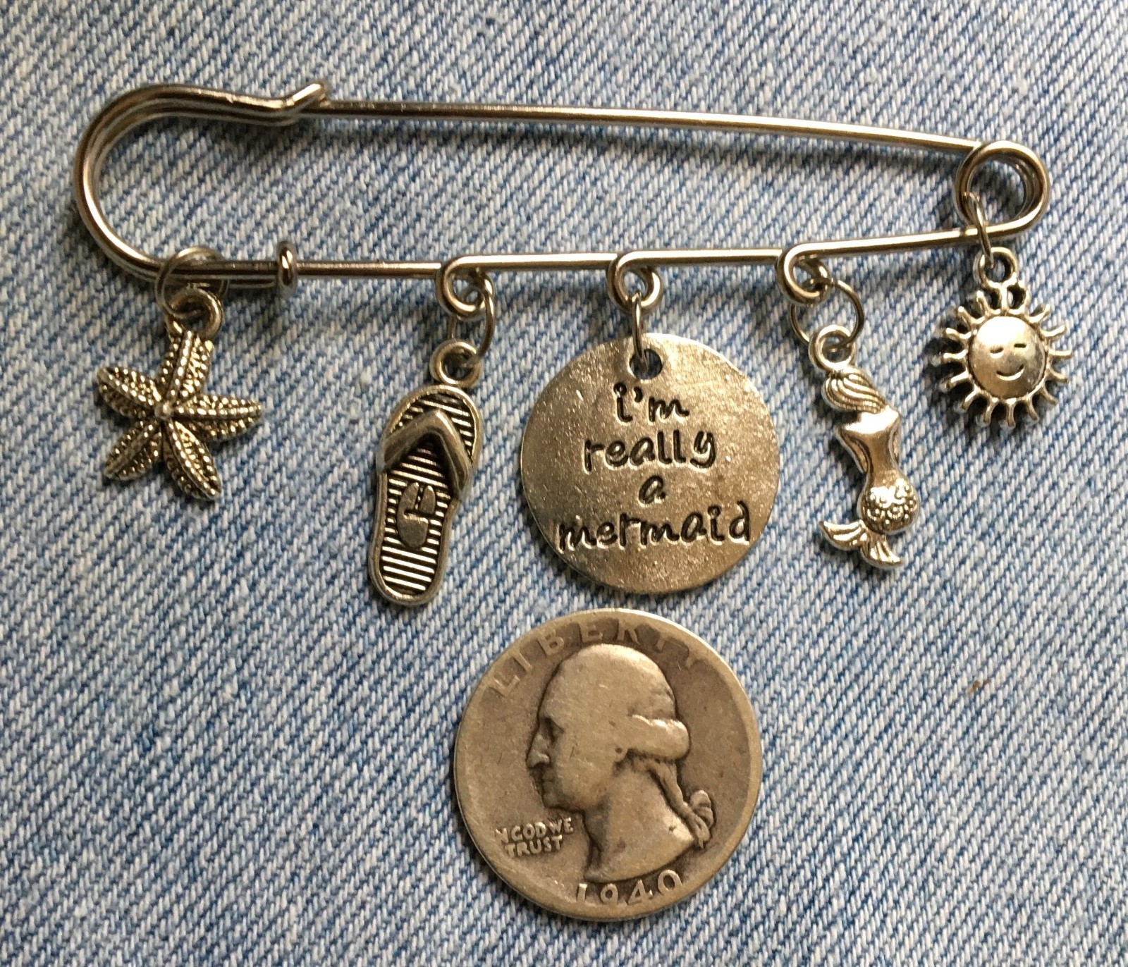 3″ BIG SAFETY PIN w/ BEACH THEME CHARMS – Hanging Flip-Flop Mermaid Starfish +