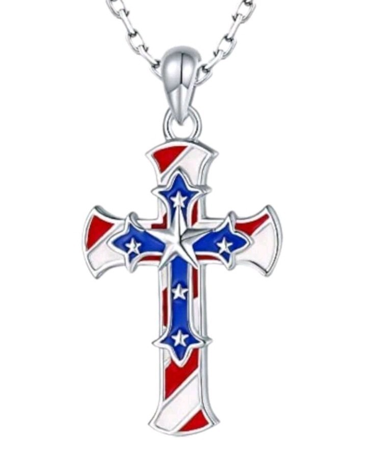Silver-Plated Zinc Necklace Red White Blue Star Cross