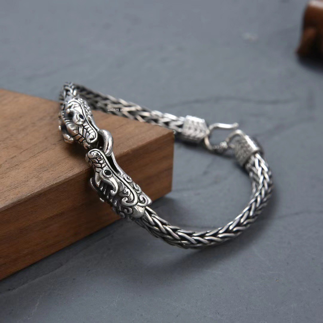 Real Sterling Silver 925 Metal Purity Bracelet Men 6mm Double Dragon Head Link