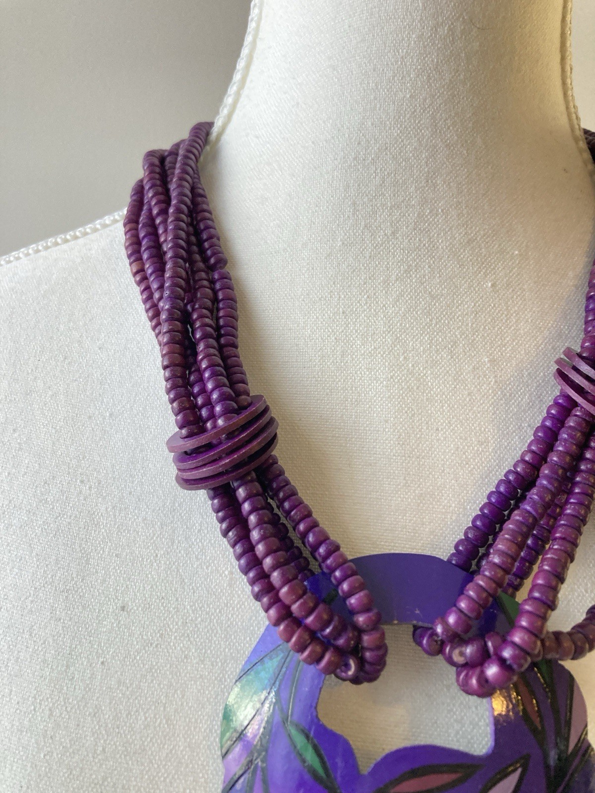 Artsy Wooden Beaded Necklace Statement Pendant Artisan Purple Hand Painted Bold