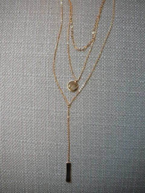 Essentials Triple Chain Layered Disc & Bar 18K Gold Plated 15″ Necklace-NEW $50