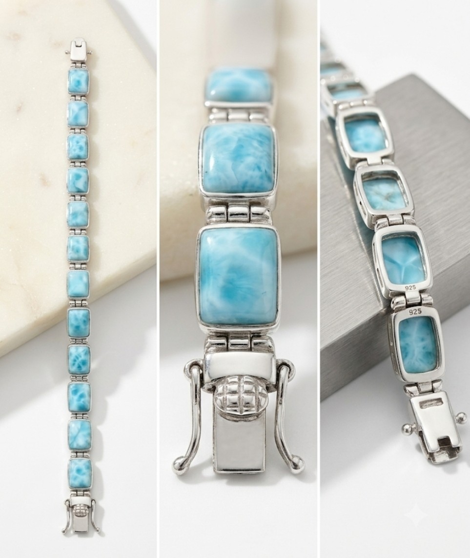 Sterling Silver Larimar Gemstone Link Tennis Bracelet 925