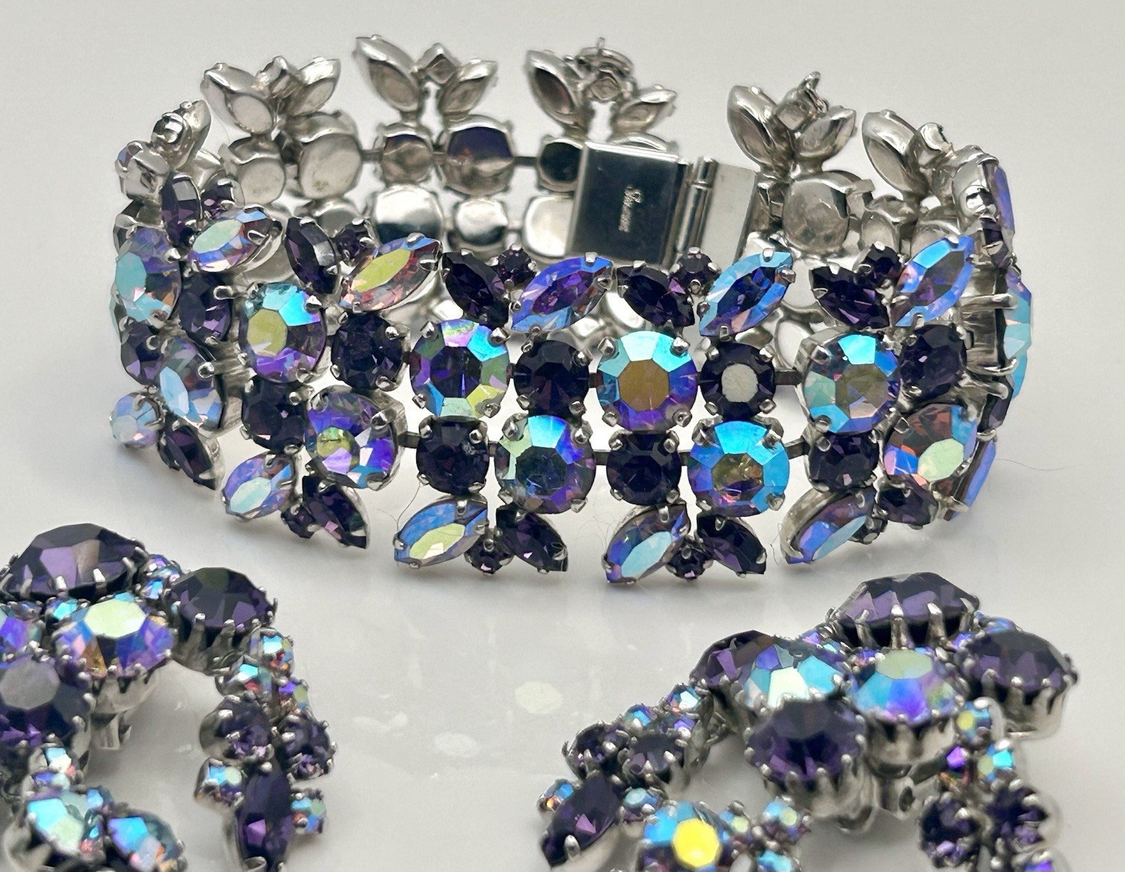 Signed Sherman Rhinestone Bracelet & Earrings Purple & AB Rhinestones