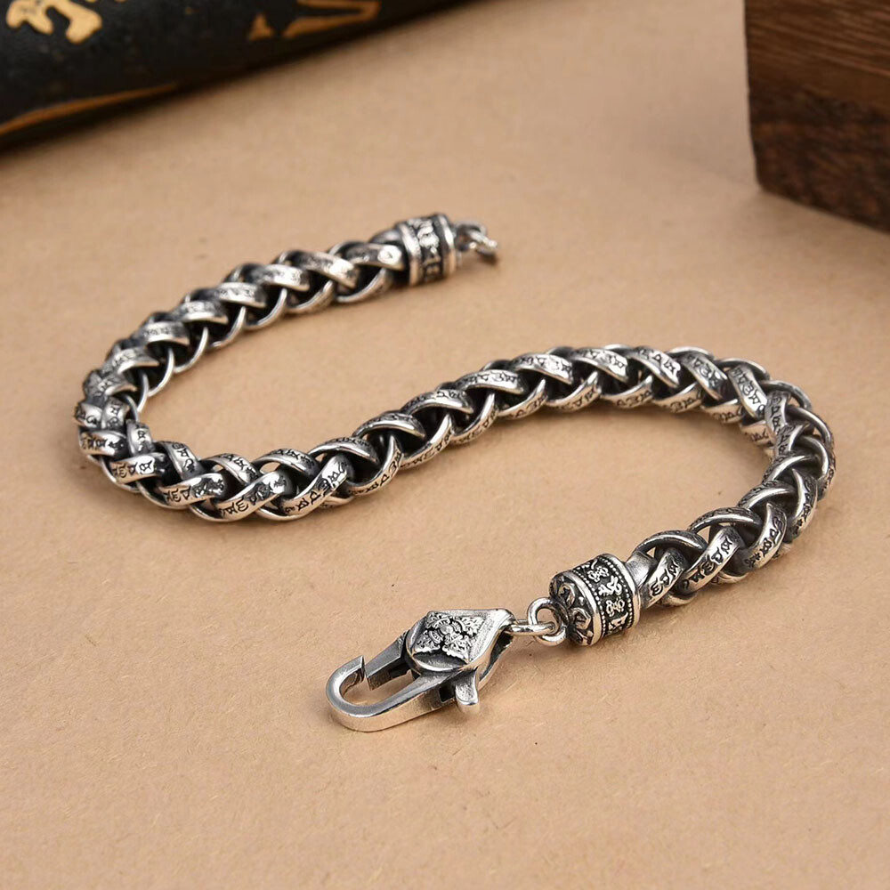 Real S925 Sterling Silver Chain 6mm Six Words Wheat Link Bracelet 34-35g 7.9inch