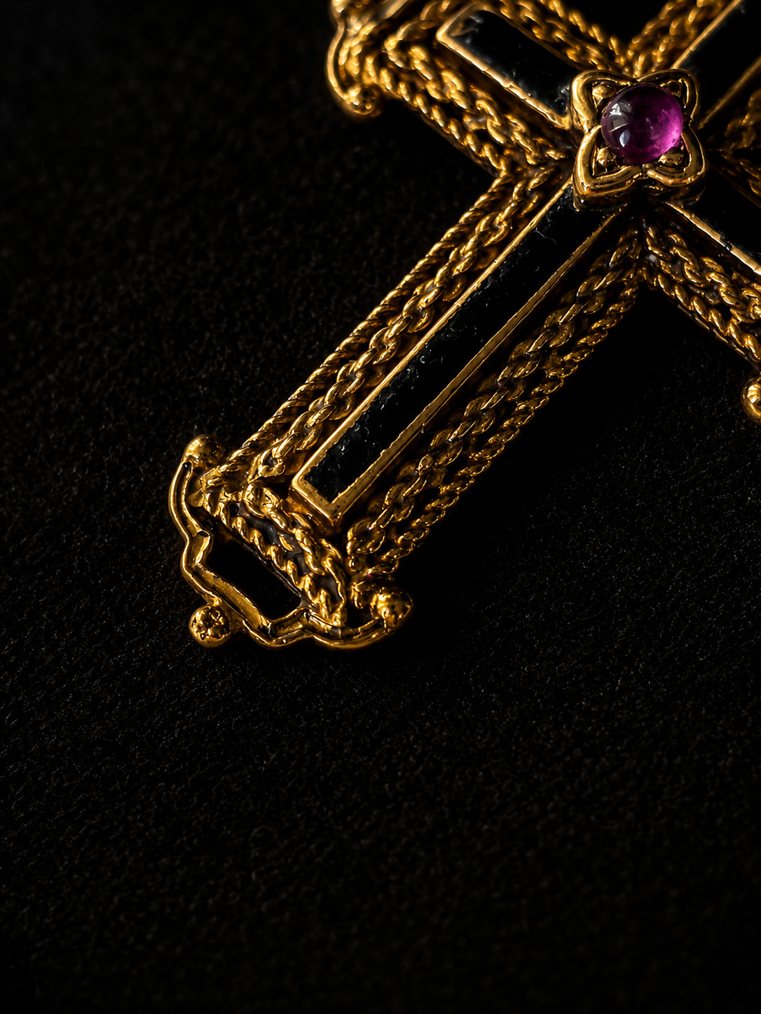Antique Victorian 18K Gold Cross Pendant Black Enamel Natural Rubies Gothic 1870