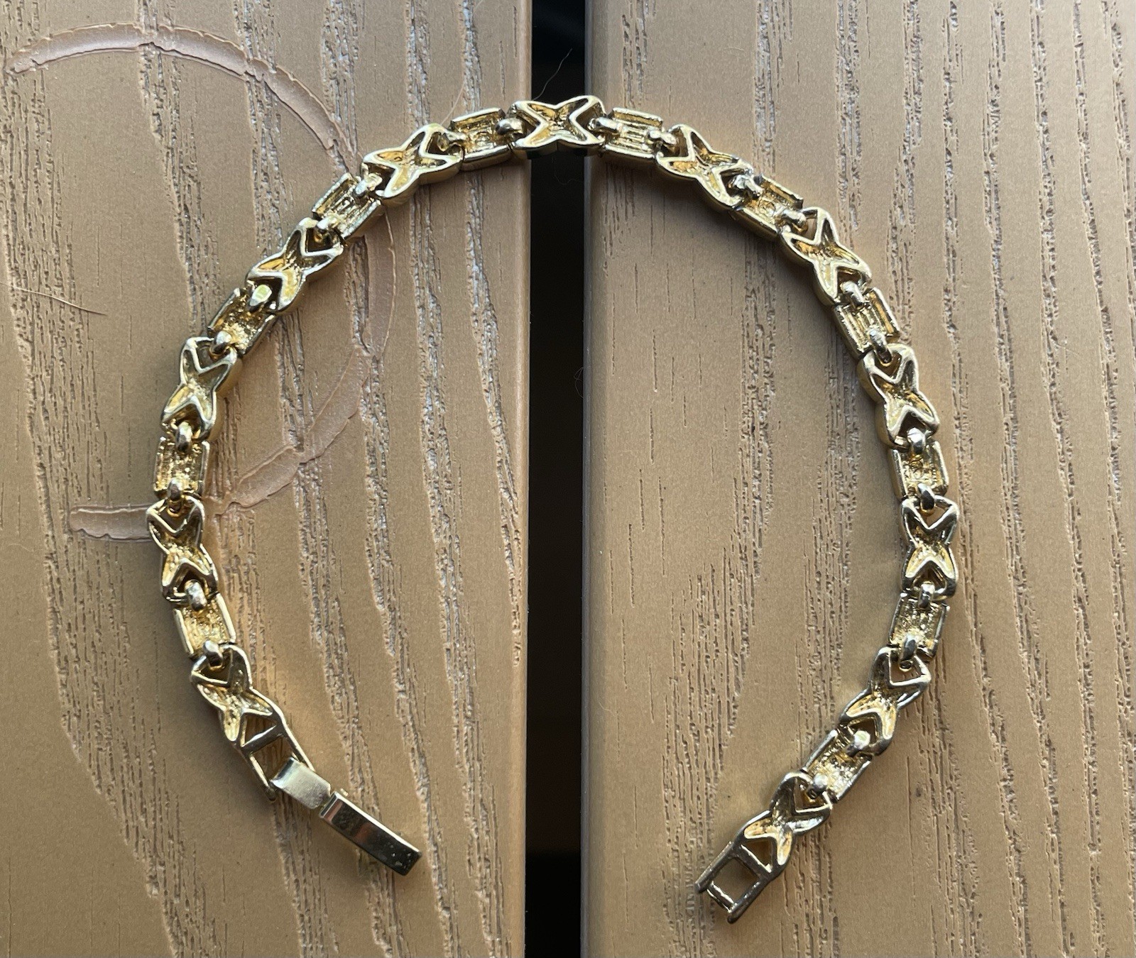 Vintage 14k Gold Plated Xoxo Hugs And Kisses Bracelet Fold over Clasp Rhinestone