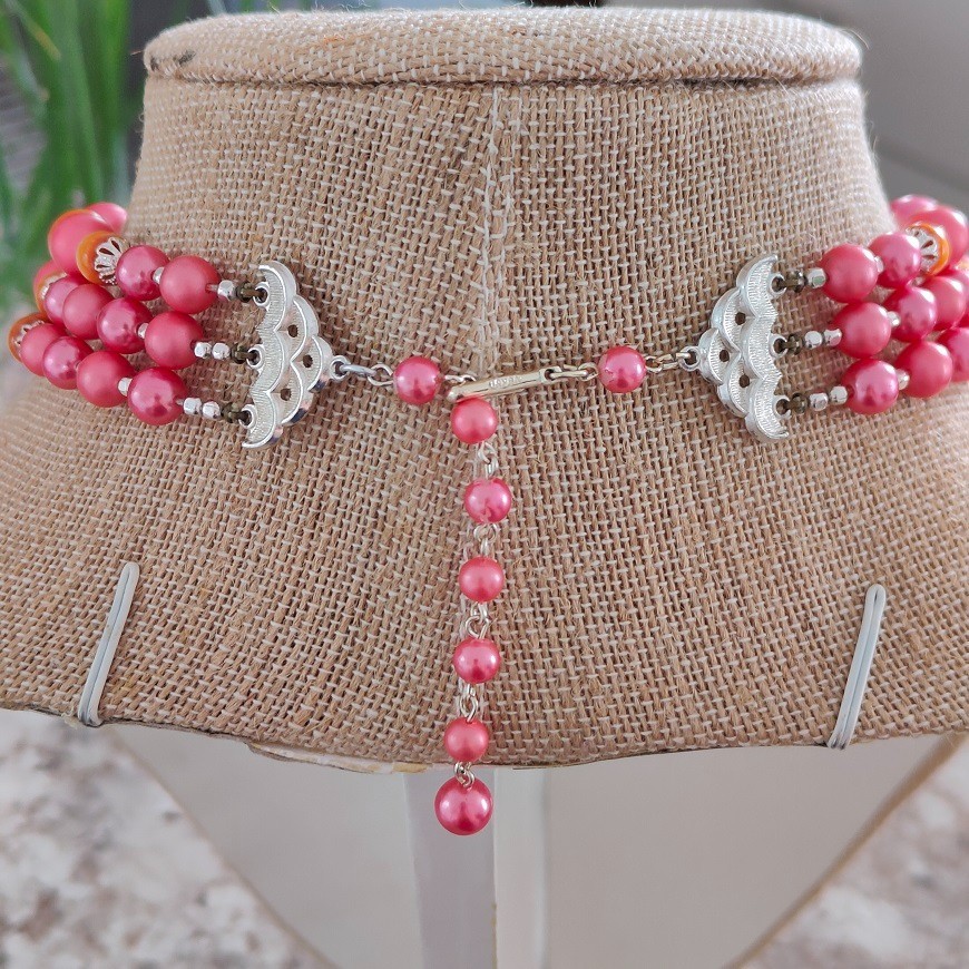 Vintage Japan 3 Strand Pink Apricot-Orange Bead Statement Choker Necklace 1950s