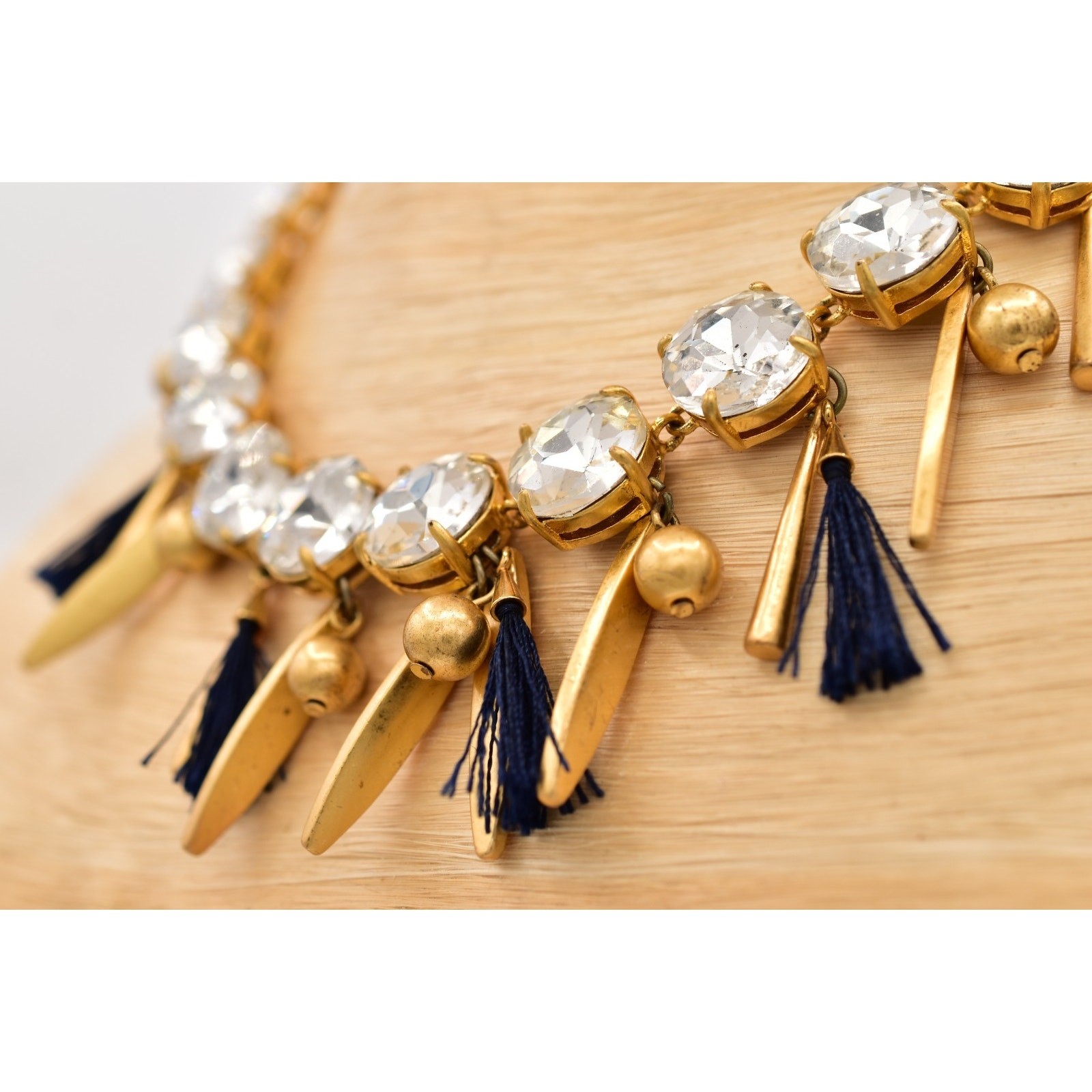 Ann Taylor Vintage Crystal Collar Necklace Dangle Navy Brushed Gold Chunky BinBL