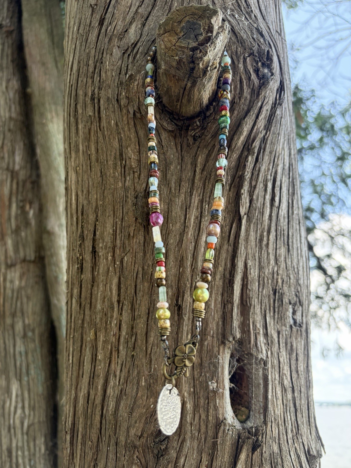 Multicolor Beaded Necklace Round Coin Pendant Bohemian fresh water pearls, glass