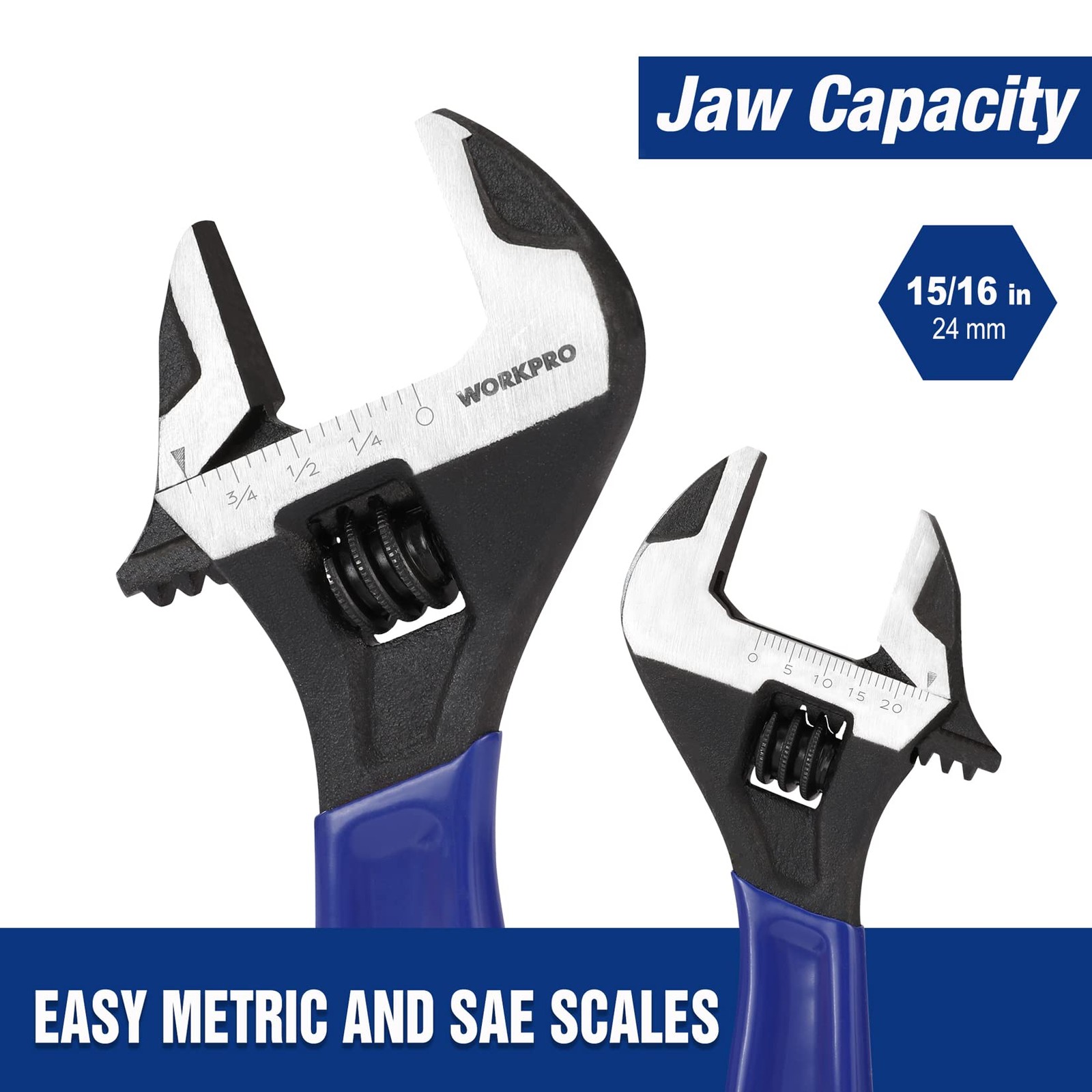 WORKPRO 6-Inch Adjustable Wrench, Wide Jaw Cr-V Steel Black 6 inch, Blue