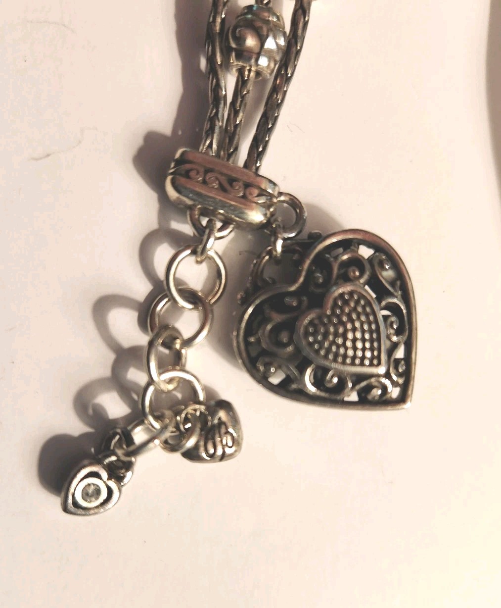Brighton Reno Heart Silver Crystal Charm Bracelet-7-8” Adjustable W/Fabric Pouch