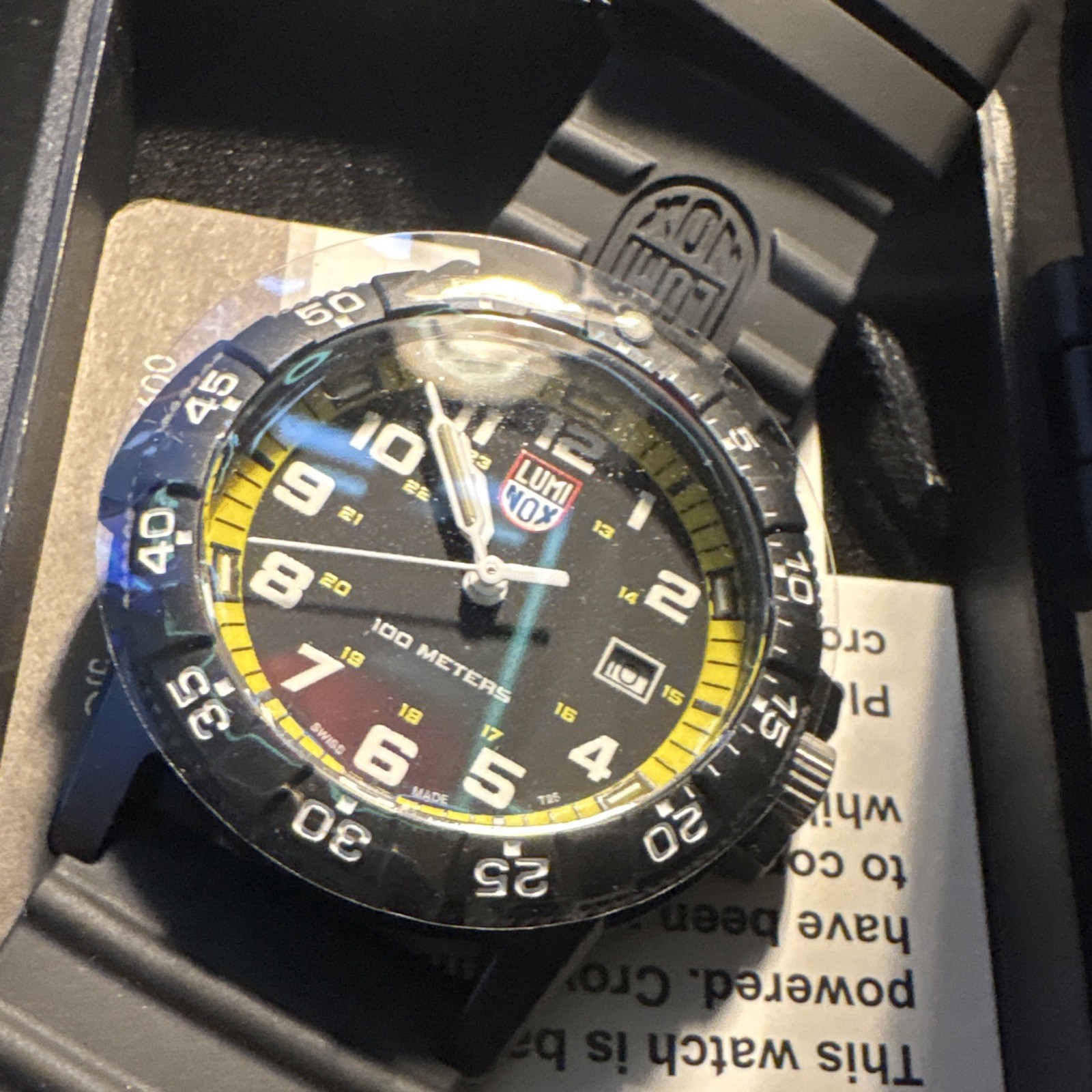 Luminox Quartz Analog Black/Yellow Dial Date (40mm) 100m Black Rubber Strap Box
