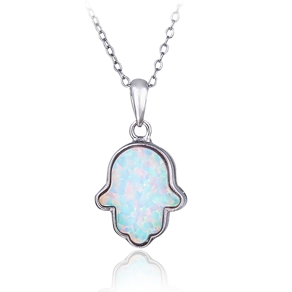 Sterling Silver Created White Opal Hamsa Necklace