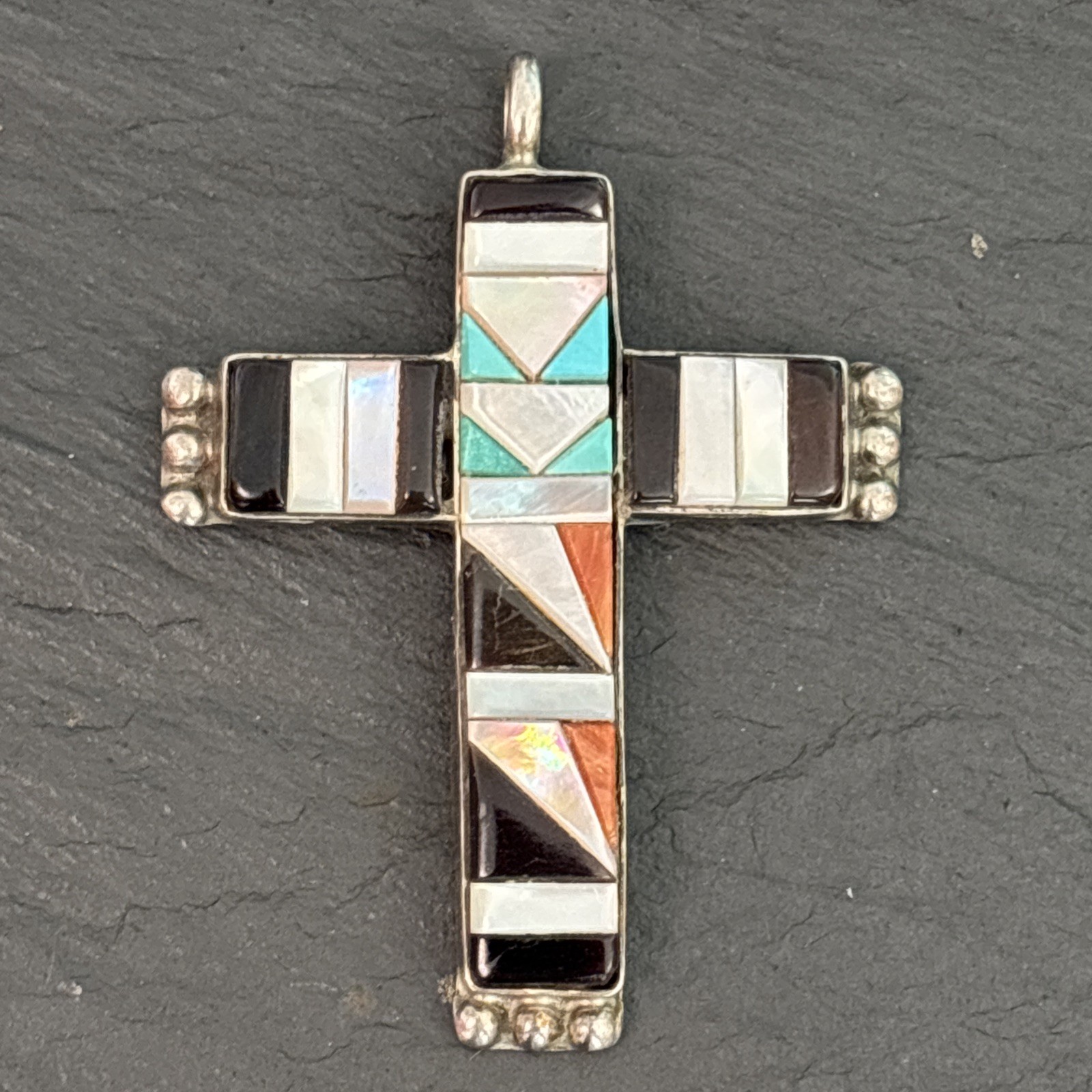 C C Zuni Cross Pendant Sterling Silver Vintage Superb Cobblestone Turquoise Wz