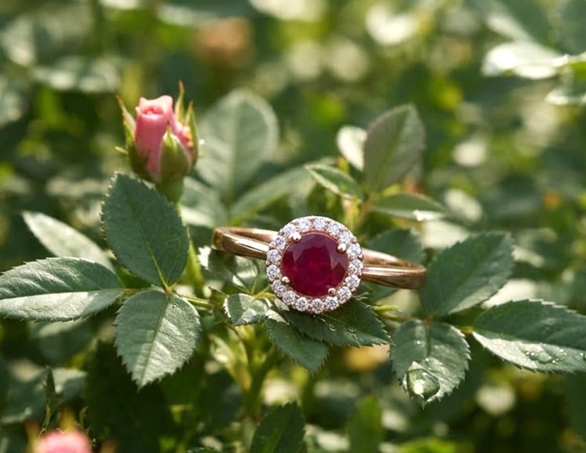 0.36ct Natural Diamond 14k BIS Hallmarked Rose Gold Ruby Wedding Cluster Ring