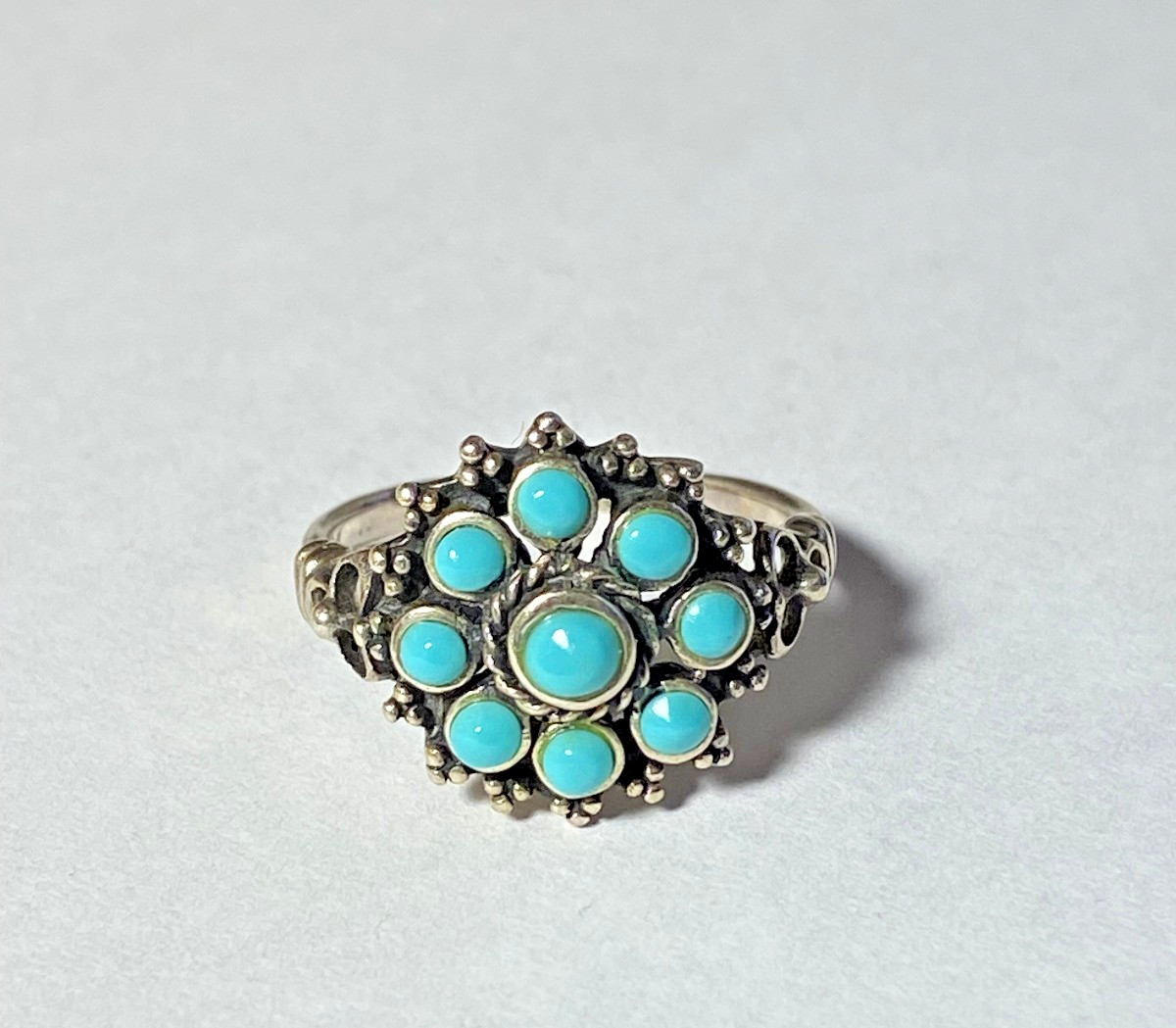 Sterling Silver & Turquoise Needle Petit Point Flower Ring Size 6.5