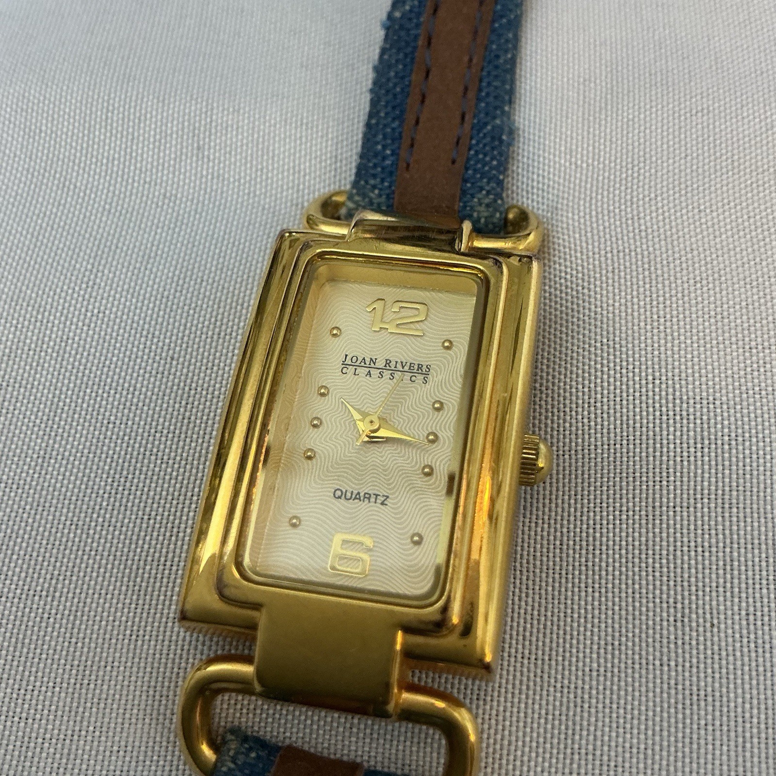 Joan Rivers Classics Watch V377 Denim W/Leather Strap Gold Plate Japanese Mvmt