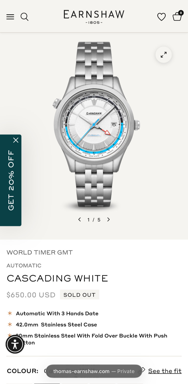 Thomas Earnshaw World Timer Watch Casscade White/NeverWorn/42.0mm Stainless Stee