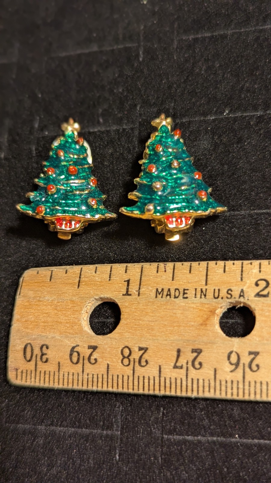Christmas Tree Earrings Clip On Holiday Winter Gold Tone multicolor ornaments