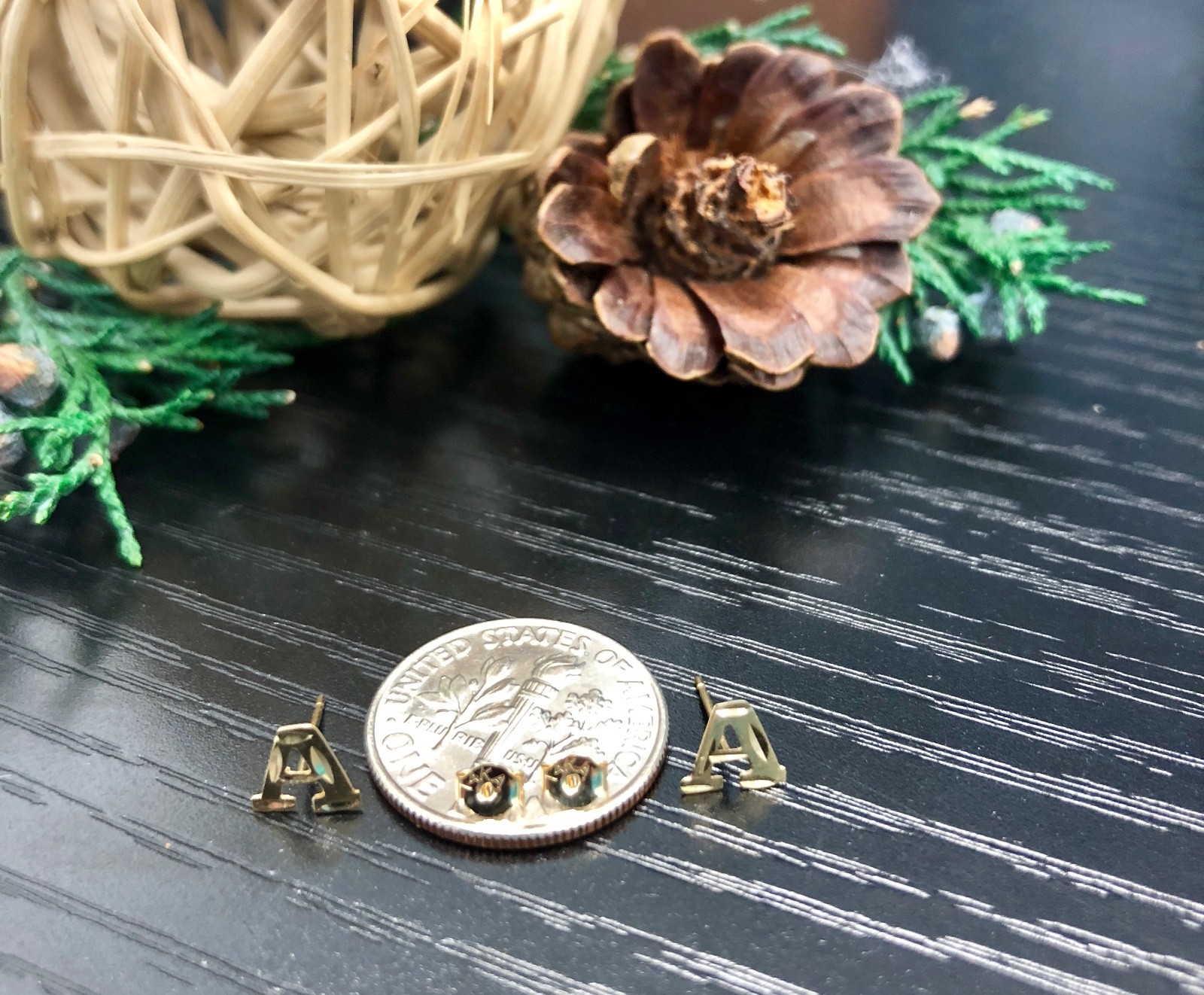 New 14k Real Yellow Gold Initial Letters Stud Earrings For Women Kids Baby Girls
