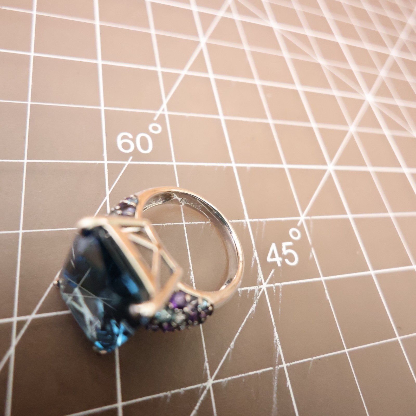 London blue topaz ring emerald cut amethyst accents sterling silver 925 QVC Sz 7