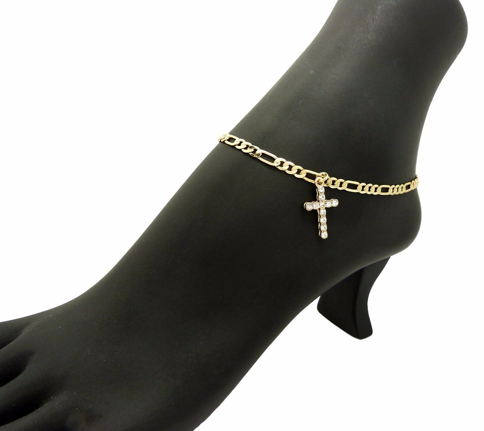 GOLD PLATED CUBIC ZIRCONIA CROSS 3mm 10″ FIGARO CHAIN FASHION ANKLET BRACELET