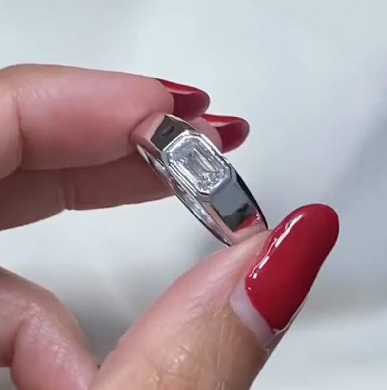 1.0 CT Emerald Cut Moissanite Solitaire 14K Gold Signet Engagement Ring