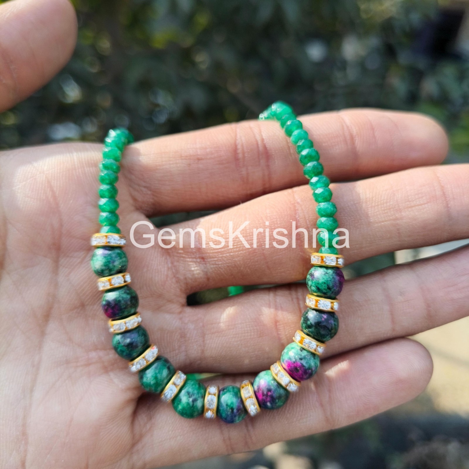 Green Jade Ruby Zoisite Necklace, Rondelle Beaded Gemstone Necklace, Handmade
