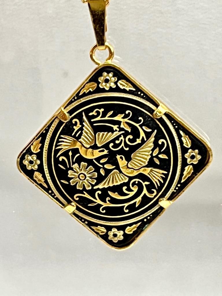 Vintage Damascene Toledo Spain Black Enamel Square Pendant 24” chain #8-8