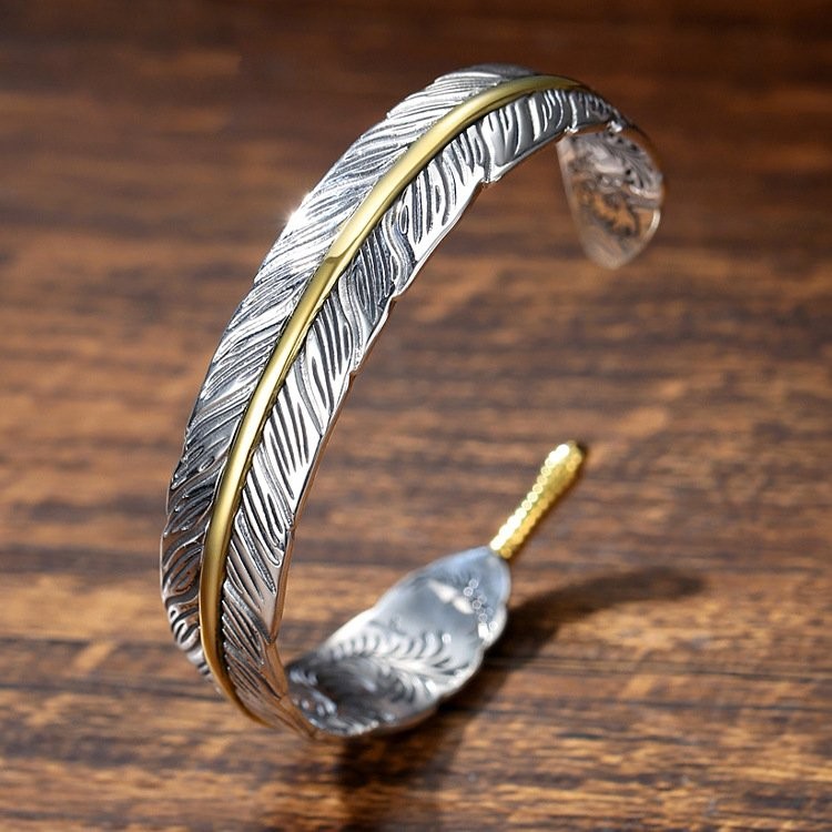 Men’s Silver Feather Adjustable Bangle Cuff Bracelet Fashion Retro Jewelry USA
