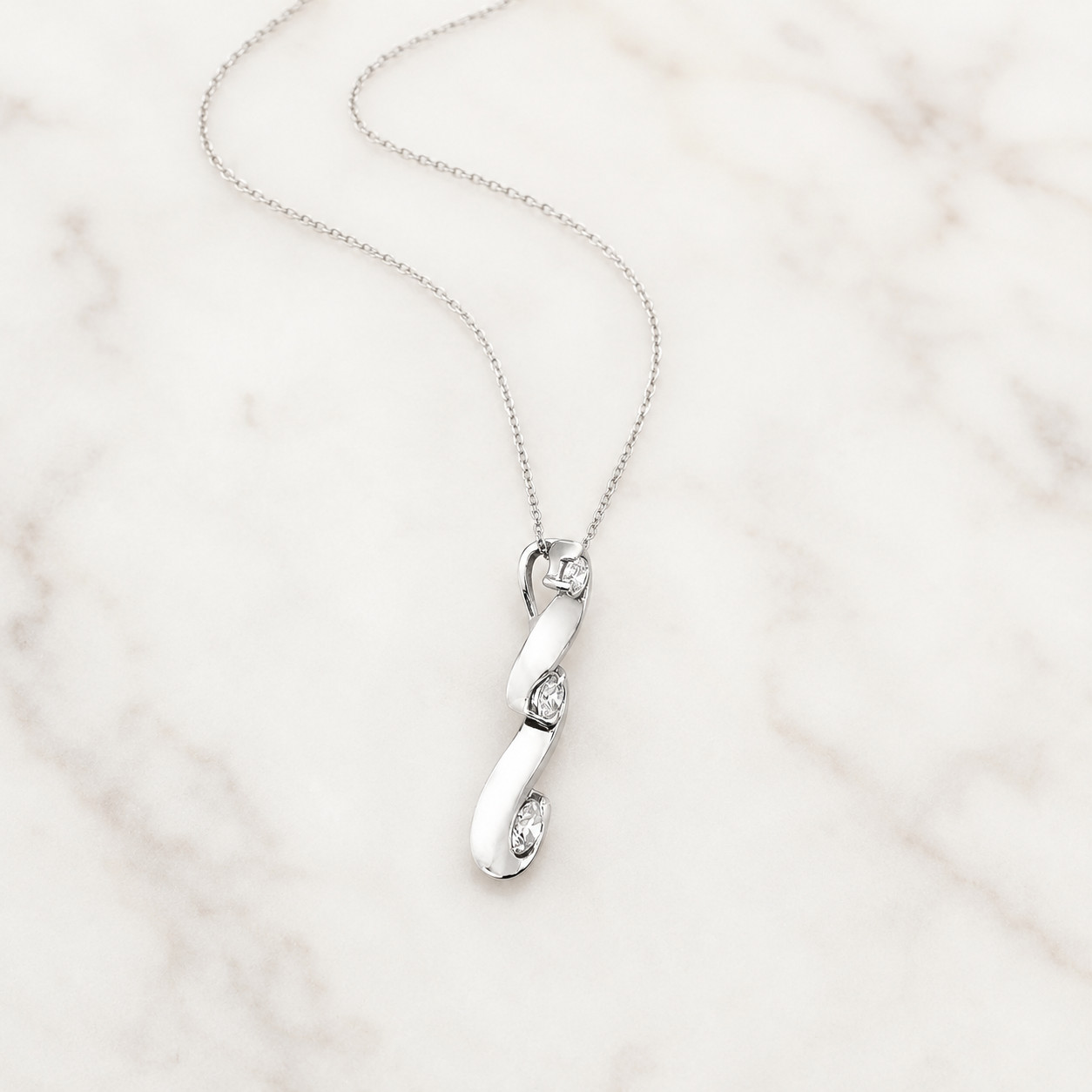 Natural Diamond Three Stone Pendant Cocktail Necklace – 14K White Gold