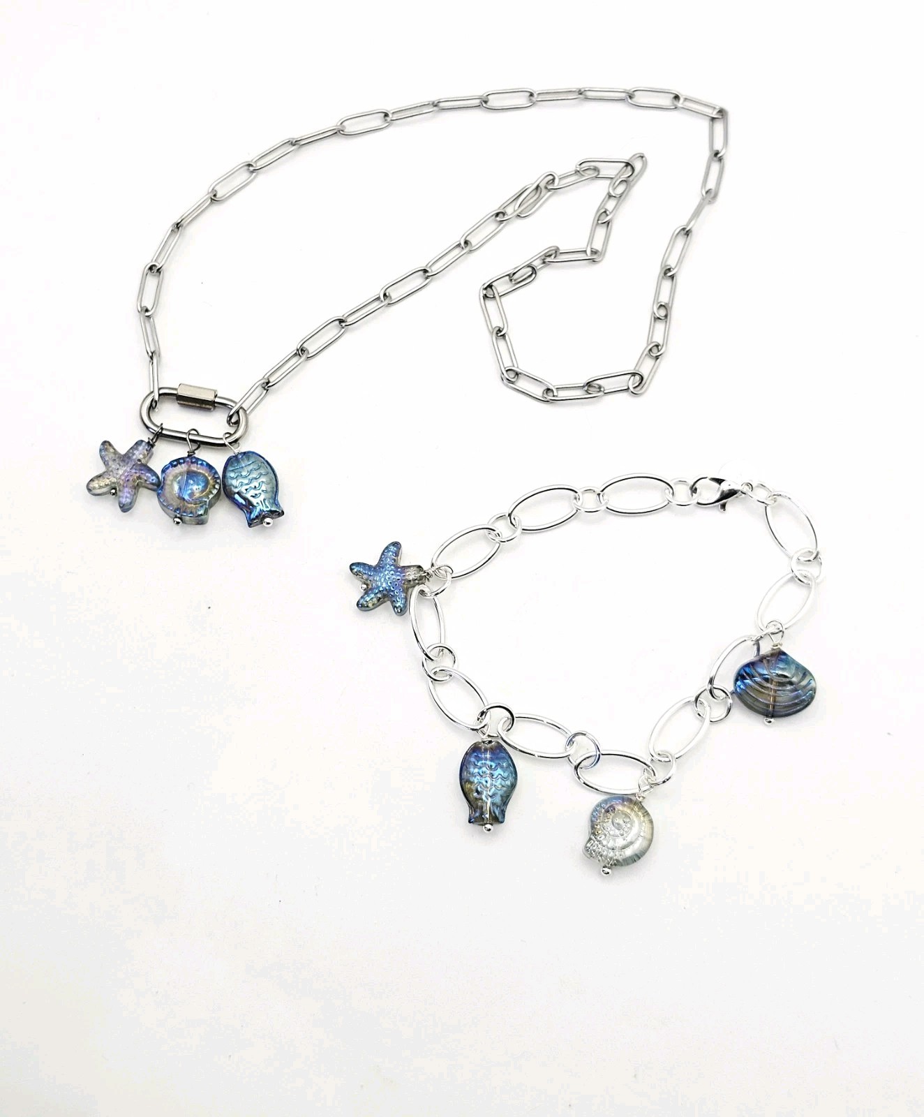 Handmade Beachy Jewelry Set Bracelet Necklace Glass Shell Starfish Fish Silver