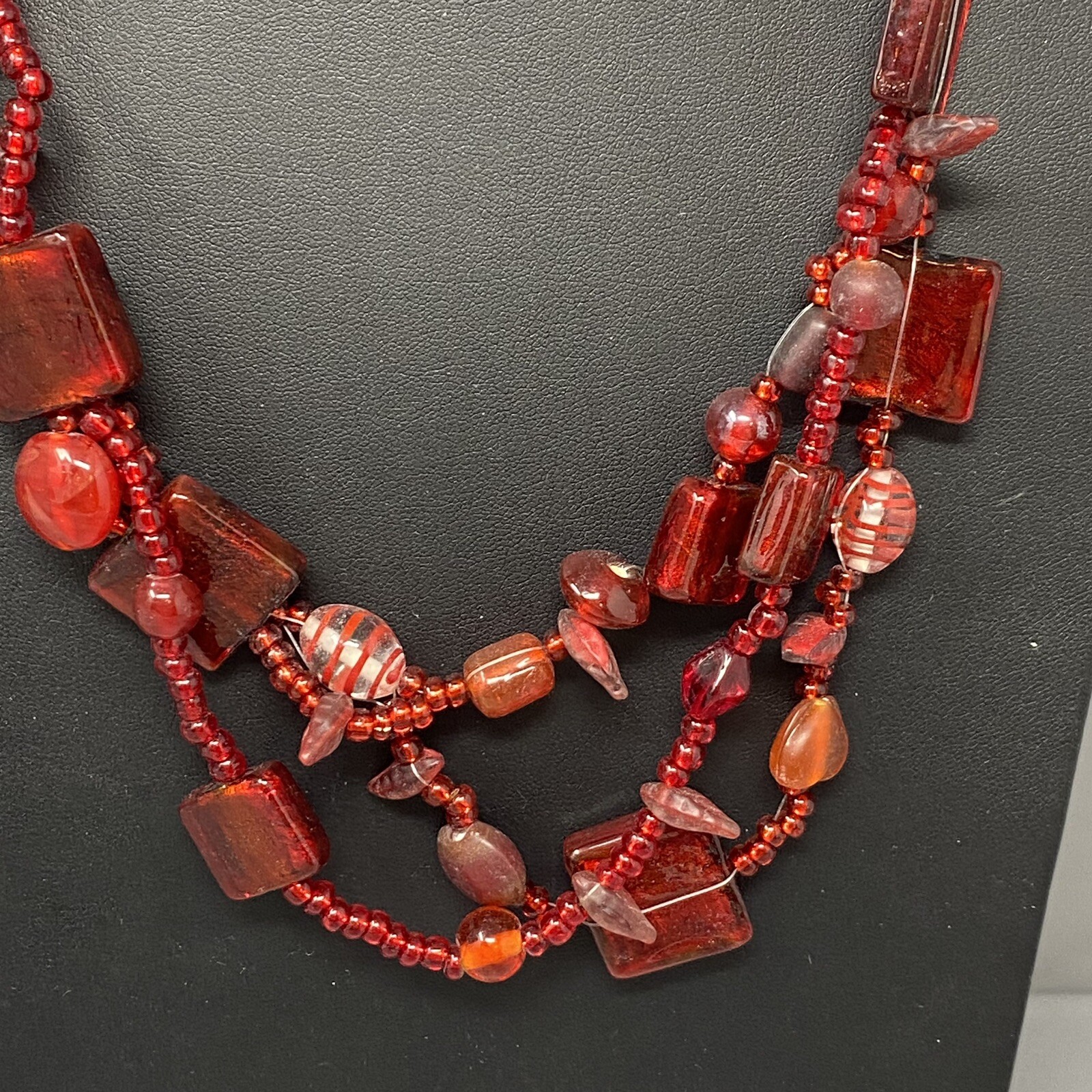 VTG Boho Glass Necklace Red Burgundy Glass Beads Czech Dichroic Frost Molded 24″