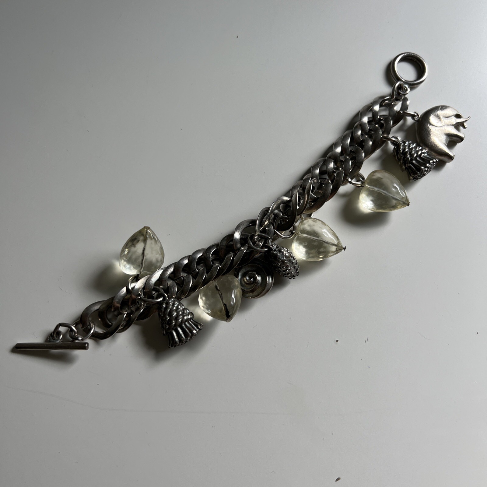 Vintage Silver Metal Chain Charm Bracelet Jewelry Lucite Heart Elephant Tassel
