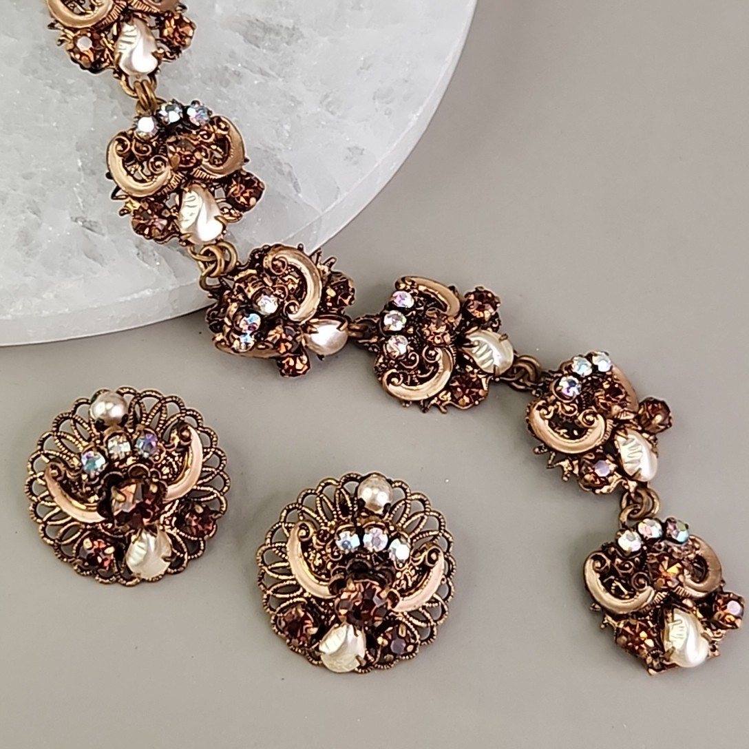 Vintage Rhinestone Bracelet Clip Earrings Set AB Western Germany Filigree Enamel