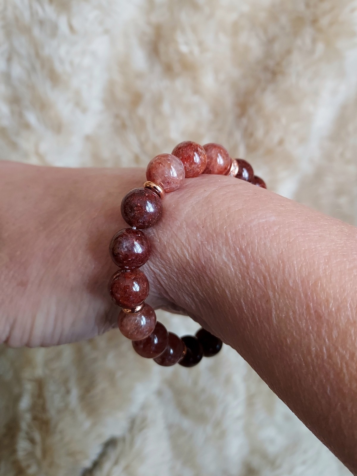 Red Phantom Quartz Gem Bead Bracelet In Rose Gold Stretch One of a Kind 6.75″