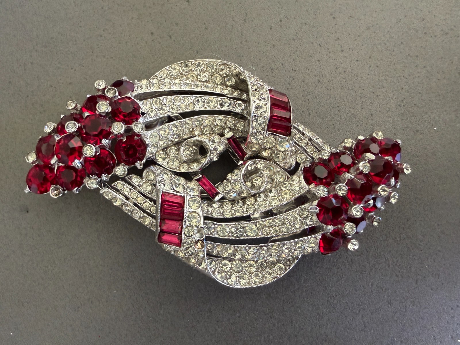Vtg Large Coro Duette Rhinestone Art Deco Brooch Ruby Red Signed Patented