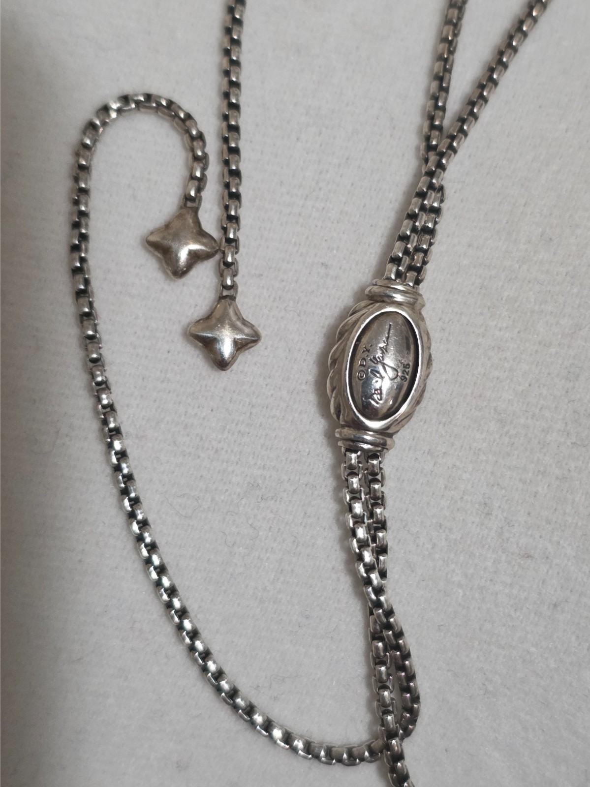 David Yurman Sterling Silver Adjustable Box Chain Slider Lariat Necklace
